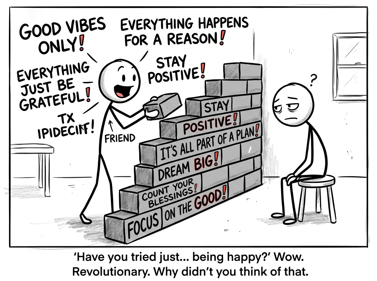 The friend responding with an avalanche of positive platitudes -- 'Good vibes only!' 'Everything happens for a reason!' 'Just be grateful!' -- each one shown as a brick building a wall between them