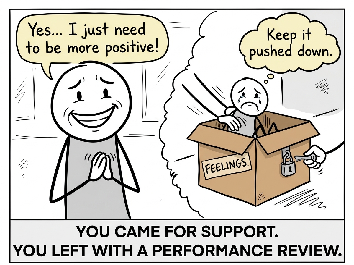 The person now wearing a forced smile, agreeing that yes they just need to be more positive, while their actual feelings are shown being shoved into a box and locked