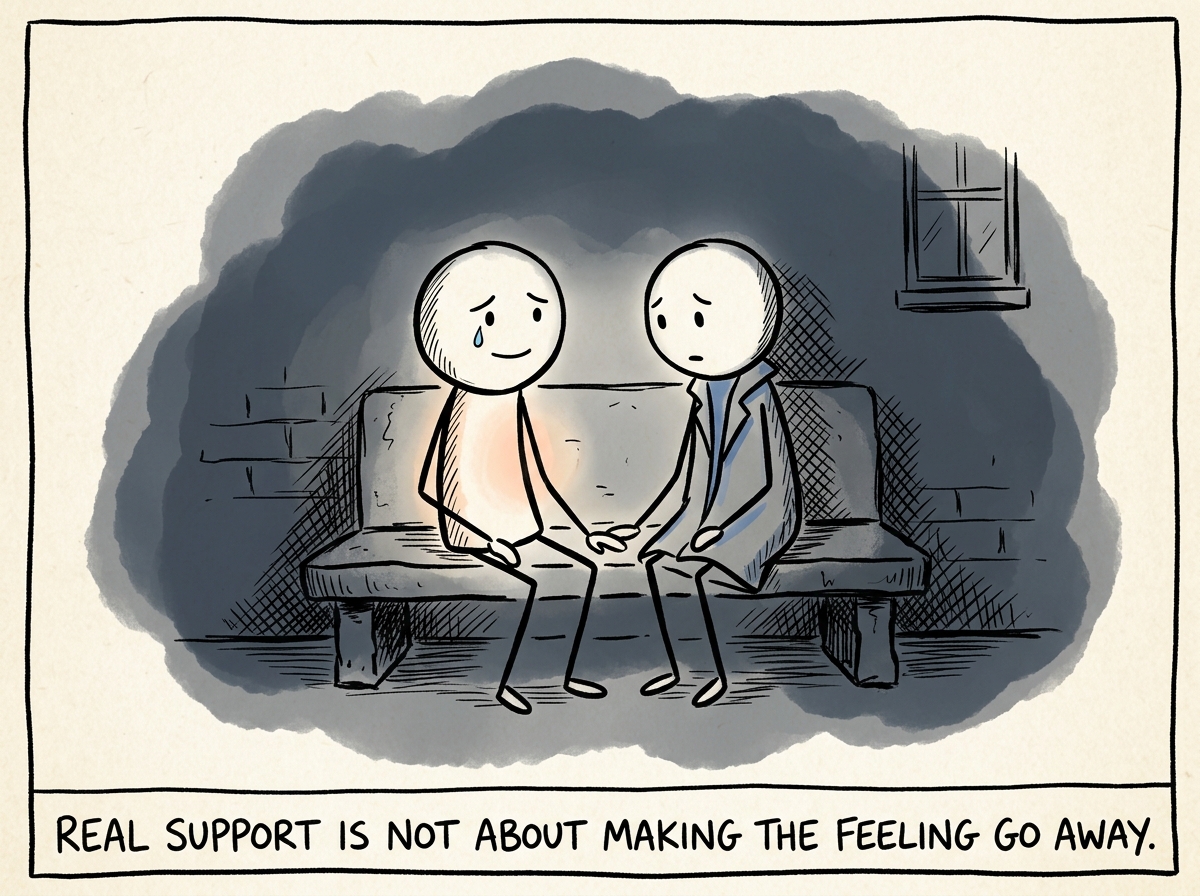 Both people sitting together in the heaviness. No one is fixing anything. The person who shared looks relieved, not because the pain is gone, but because someone stayed