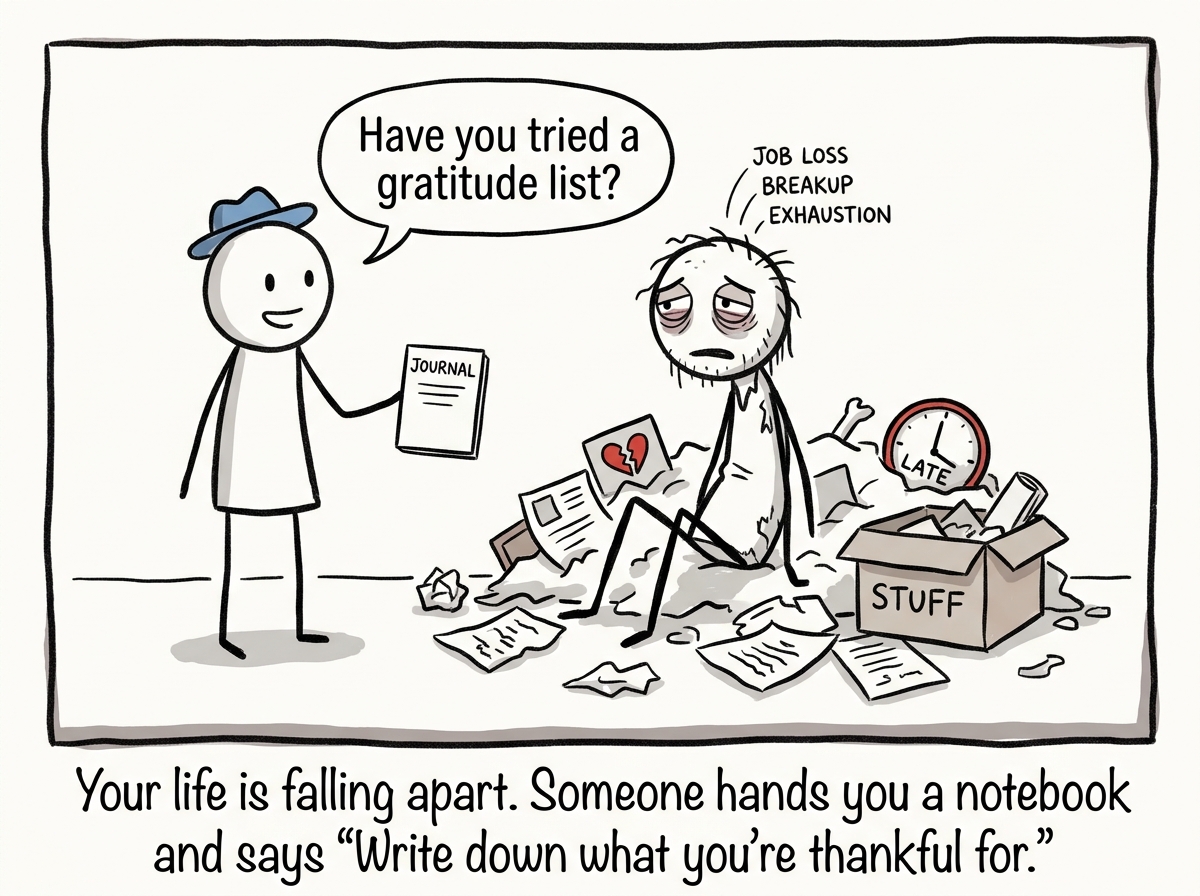 A person sitting in the wreckage of a hard year -- job loss, breakup, exhaustion -- when a well-meaning person hands them a blank journal and says 'Have you tried a gratitude list?'