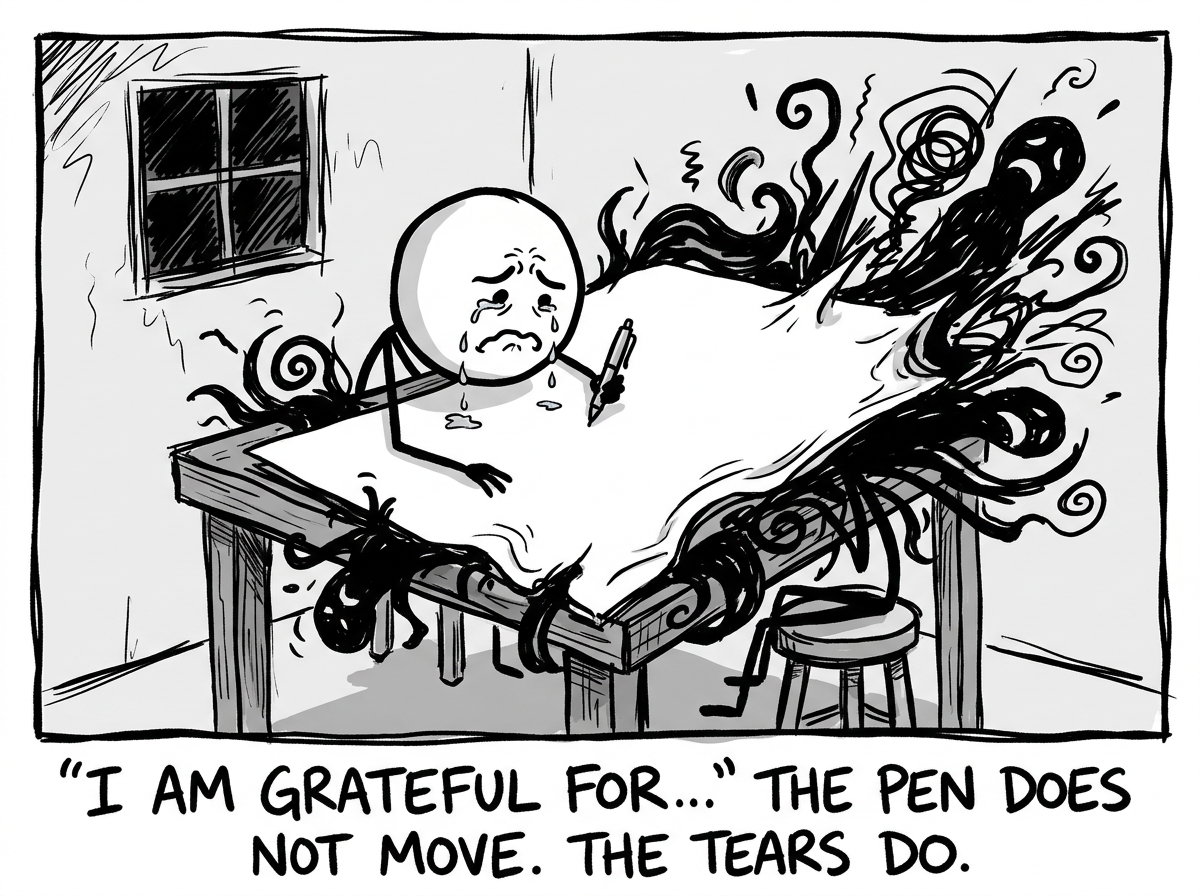 The person staring at the blank page, trying to write something positive while their actual feelings are visibly pressing against the edges of the paper like they are trying to escape