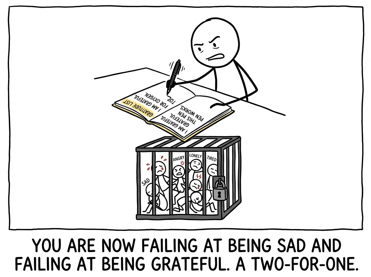 The person forcing a gratitude list that reads like a hostage negotiation -- 'I am grateful for oxygen. I am grateful this pen works.' -- while their real emotions are shown locked in a cage beneath the journal