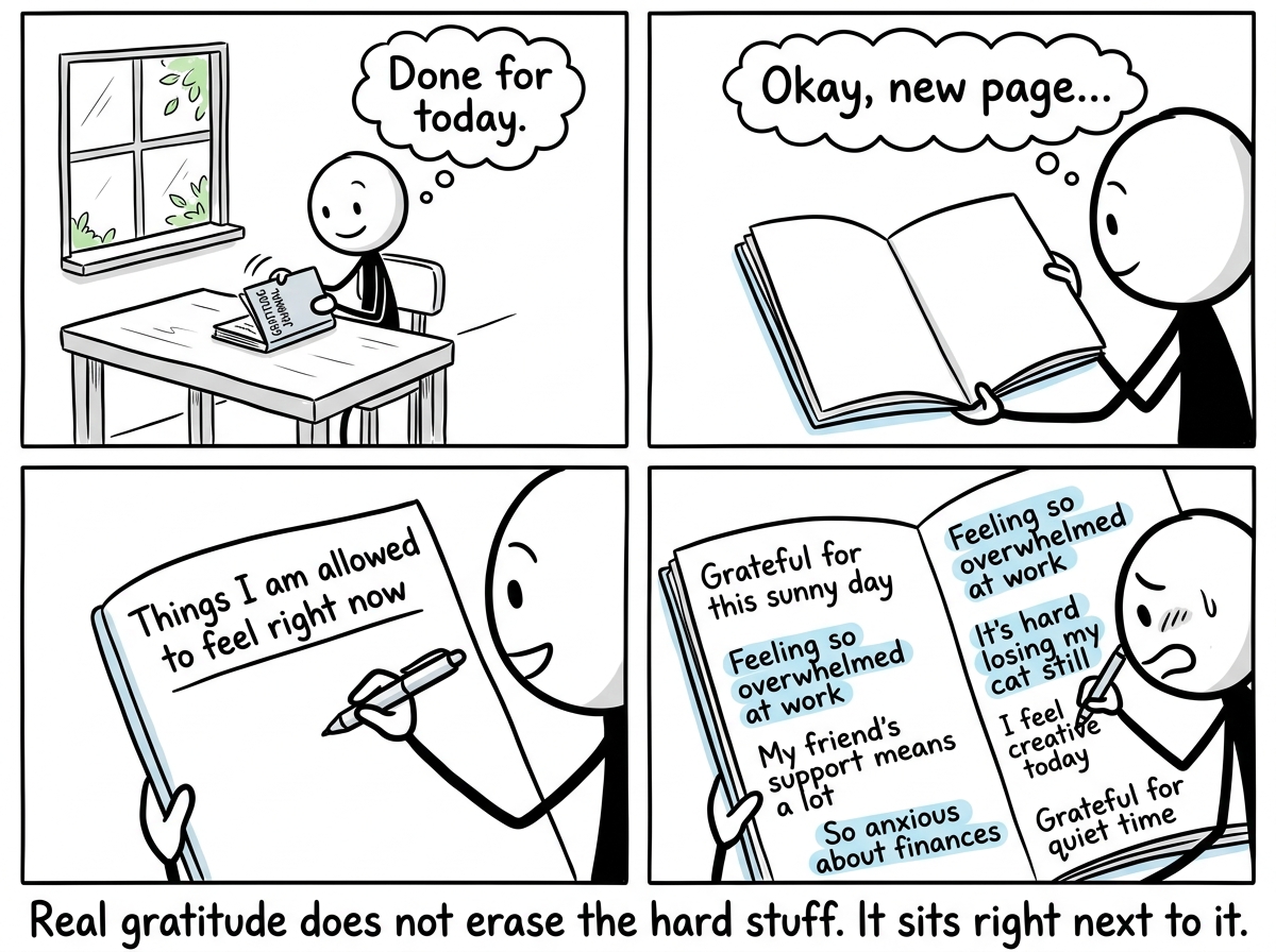 The person closing the gratitude journal and opening a blank page that says 'Things I am allowed to feel right now' -- and writing freely, with both painful and grateful things mixed together honestly