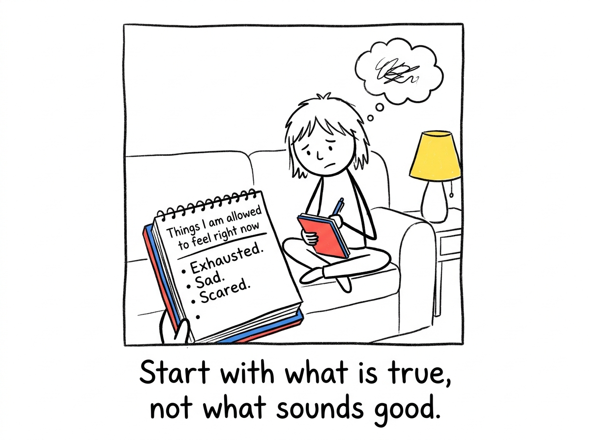 A person sitting with their journal, but instead of forcing gratitude they write at the top: 'Things I am allowed to feel right now' and begin with 'Exhausted. Sad. Scared'