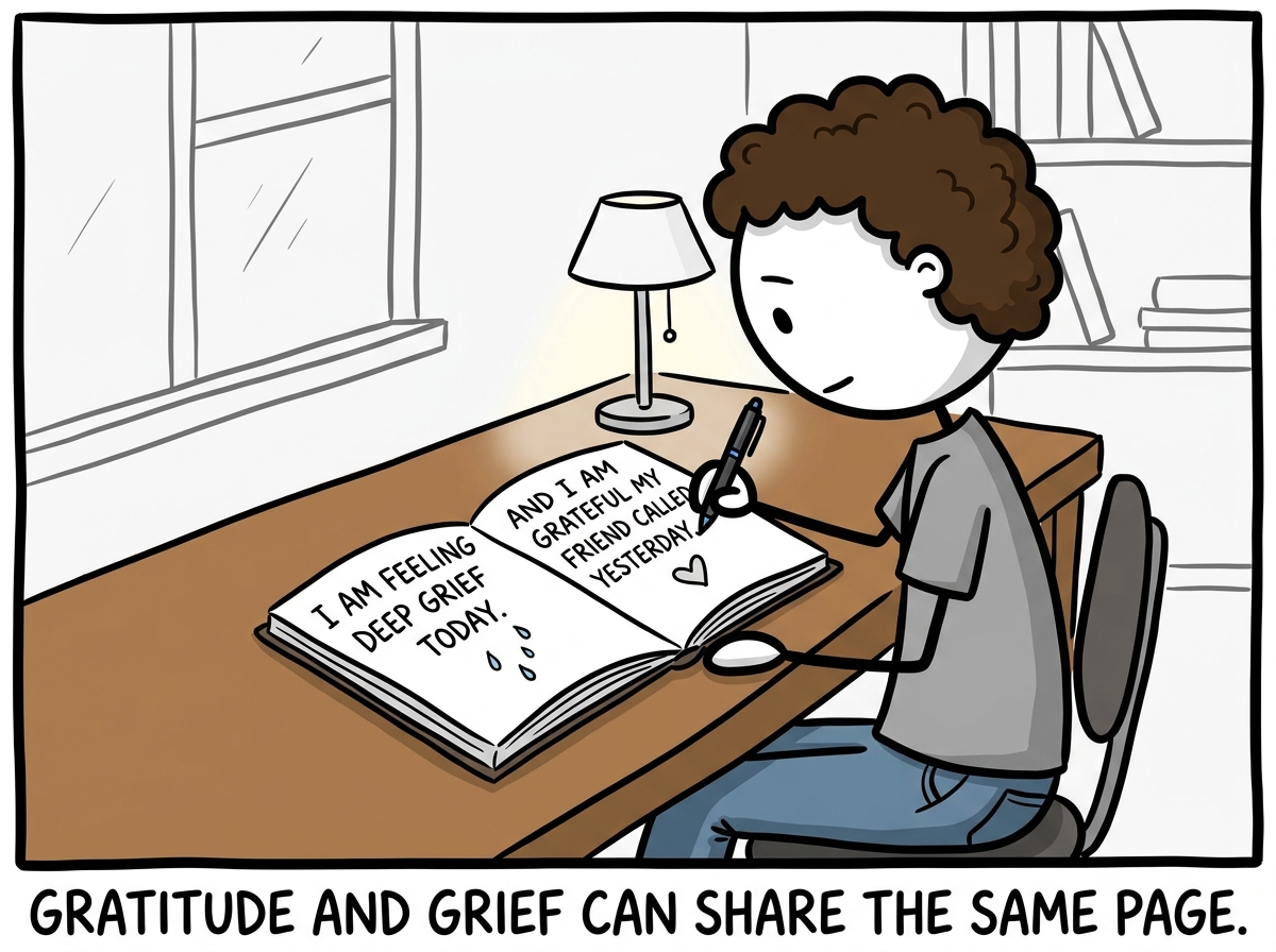 The person continuing to write, now adding 'AND I am grateful my friend called yesterday.' Both the grief and the gratitude sit on the same page without fighting