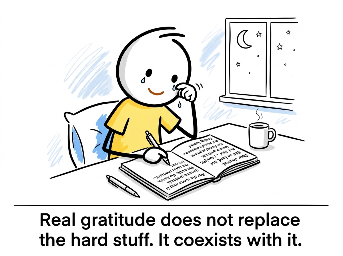 The person later writing a genuine gratitude entry that feels real instead of forced. Small tears and a small smile at the same time
