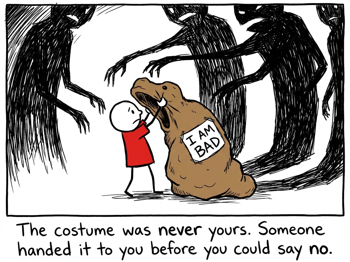 A small stick figure child standing in a bedroom, carefully pulling on an oversized costume labeled 'I Am Bad' in big block letters. An adult figure looms in the doorway with crossed arms. The child thinks 'If I wear this, maybe they will stop being angry.'