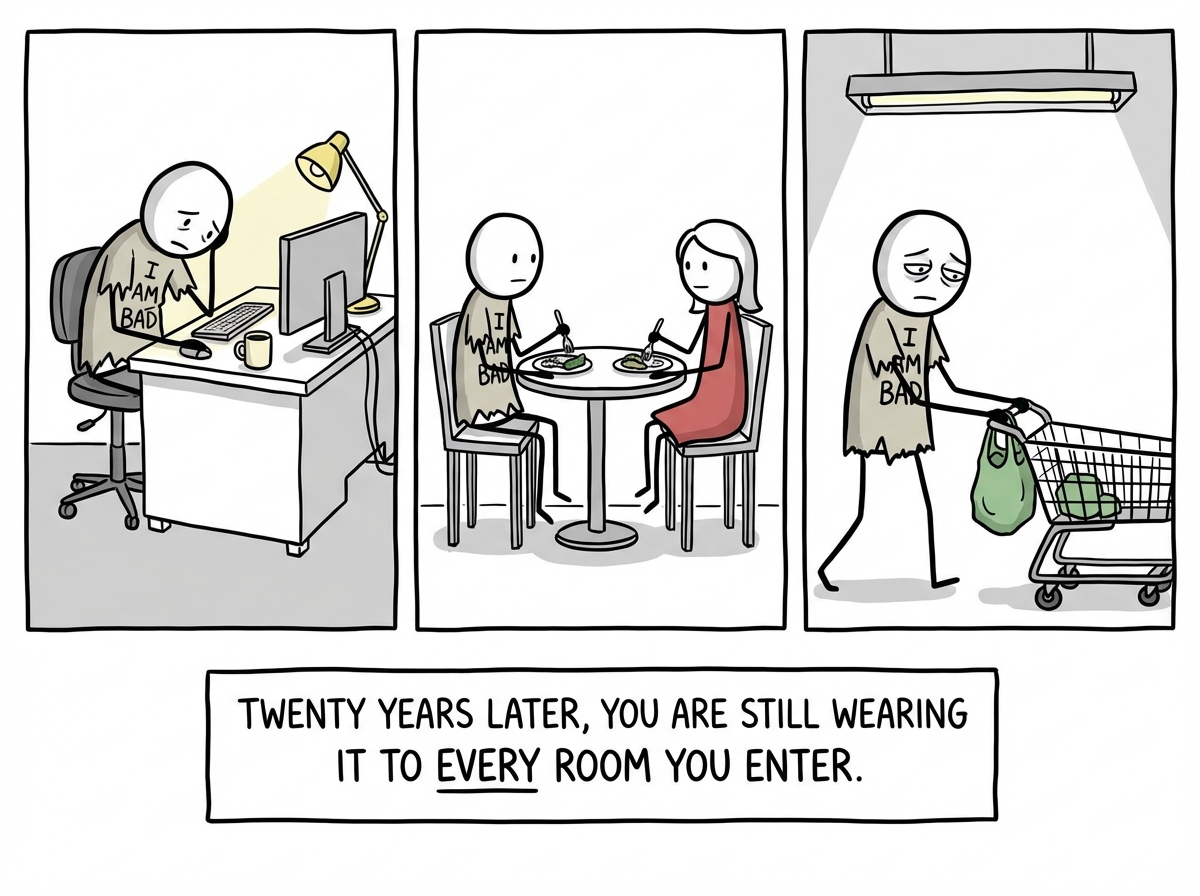 The same stick figure, now adult-sized, still wearing the 'I Am Bad' costume in three scenes side by side -- at an office desk where colleagues stare, on a date where the other person looks confused, and in a grocery store checkout line. The costume is wrinkled and faded but still firmly on.