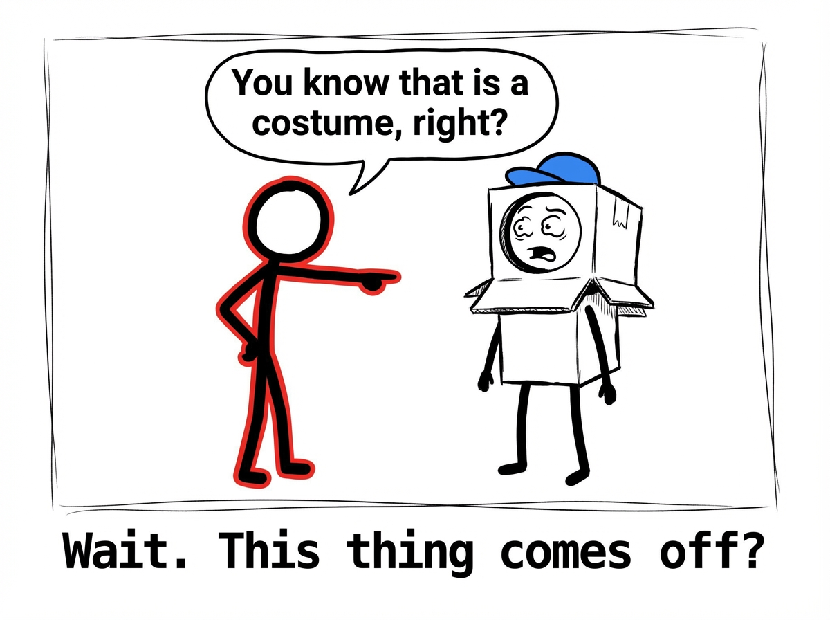 A friend stick figure pointing at the costume and saying 'You know that is a costume, right?' The main figure looks down at themselves with wide eyes, as if seeing the costume for the first time. A small thought bubble reads '...wait, what?'
