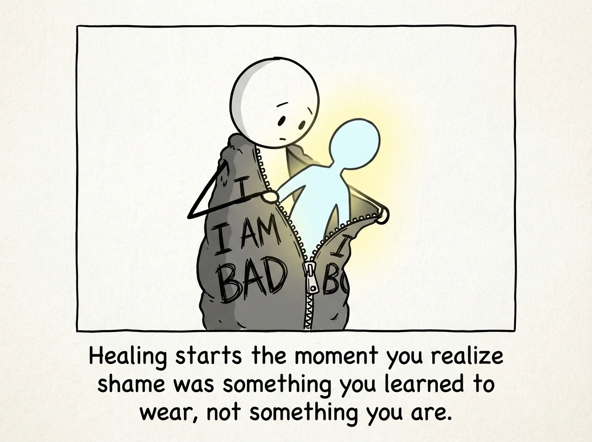 The stick figure looking down with a stunned expression, one hand on the zipper of the 'I Am Bad' costume, slowly starting to unzip it. Underneath, a small glowing outline of their real self is barely visible. Tears fall but the expression is hopeful.