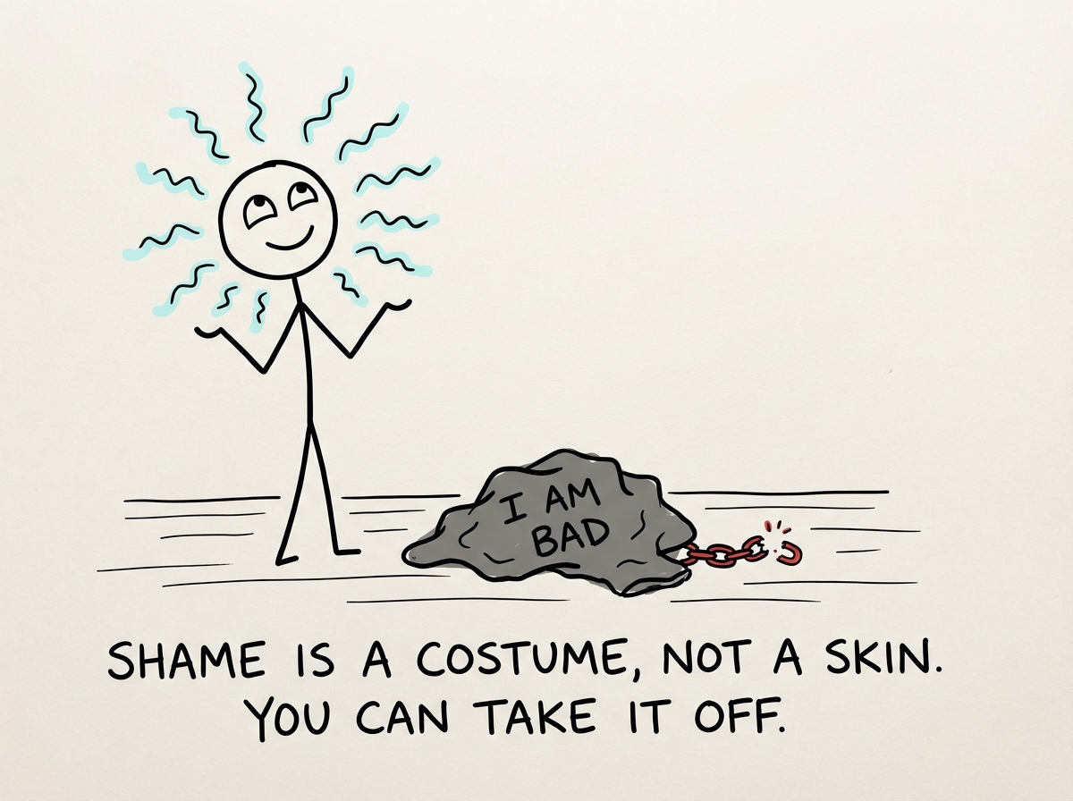 A stick figure standing in front of a mirror, examining the 'I Am Bad' costume and noticing the seams, tags, and zipper for the first time.
