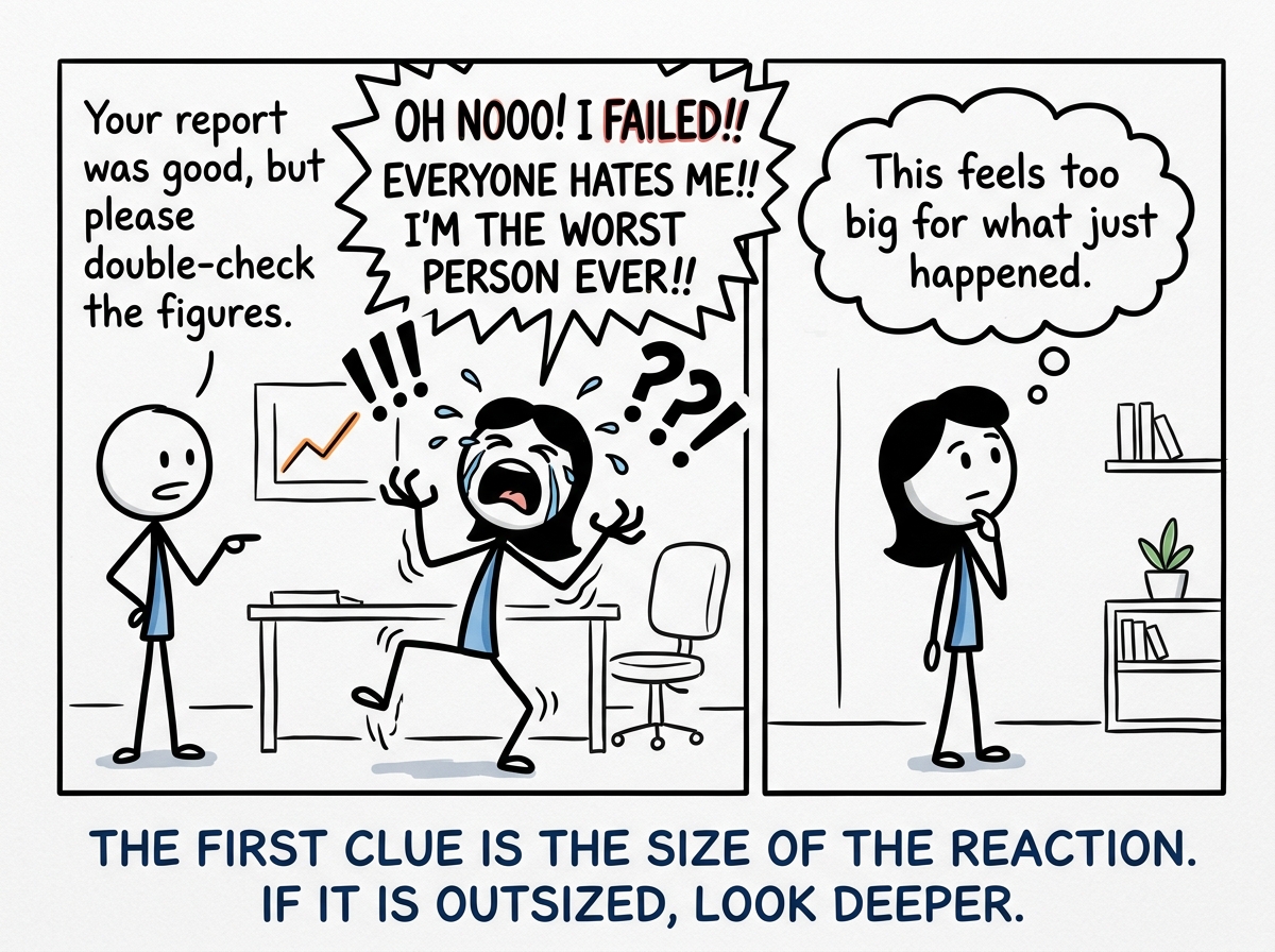 A stick figure having a big emotional reaction to mild feedback, then pausing and noticing the intensity with a thought bubble: 'This feels too big for what just happened'