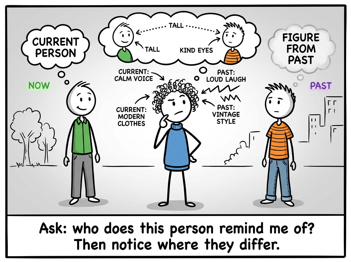 The stick figure mentally placing the current person and a figure from their past side by side, seeing the resemblance but also the differences
