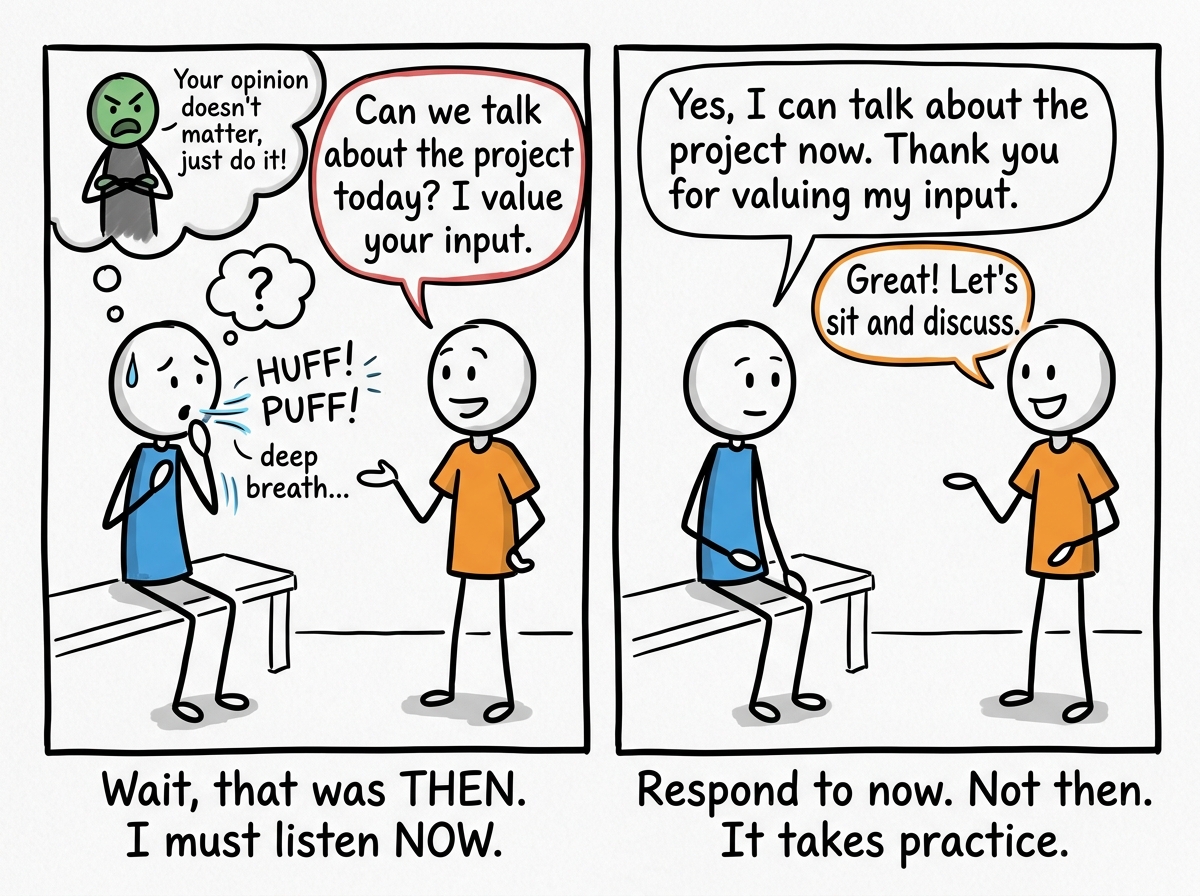 The stick figure taking a breath and responding to the present person based on what they actually said, not what the past person would have meant