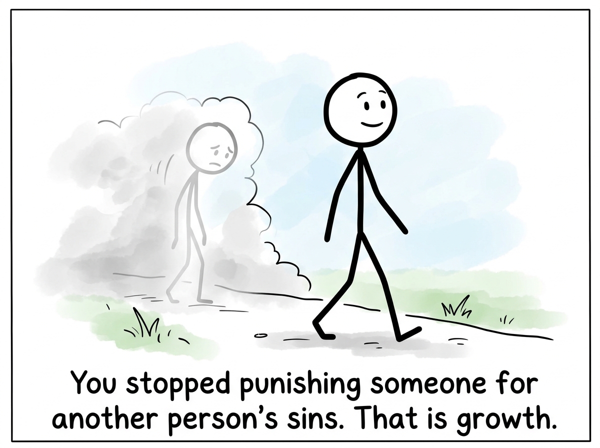 The stick figure leaving the interaction feeling grounded, with the past figure fading into the background where it belongs