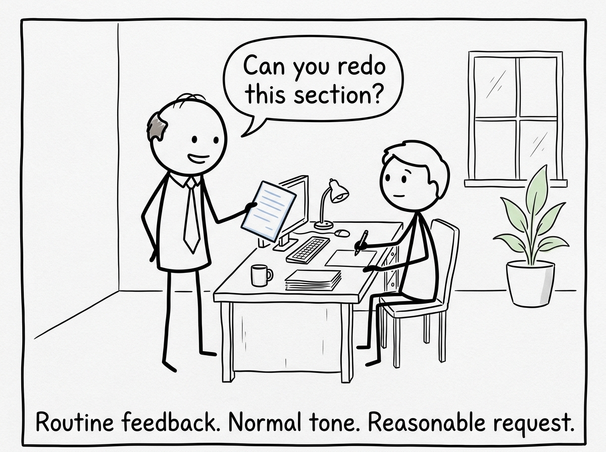 A boss standing at a desk holding a document, saying 'Can you redo this section?' with a friendly, neutral expression