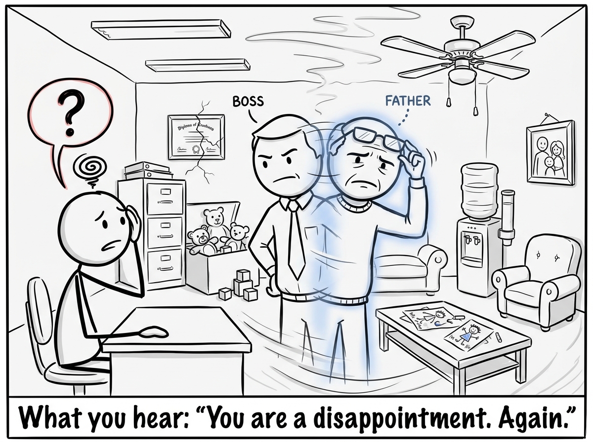 The employee's perspective warping -- the boss morphing into a disappointed father figure with a ghostly overlay, the office transforming into a childhood living room