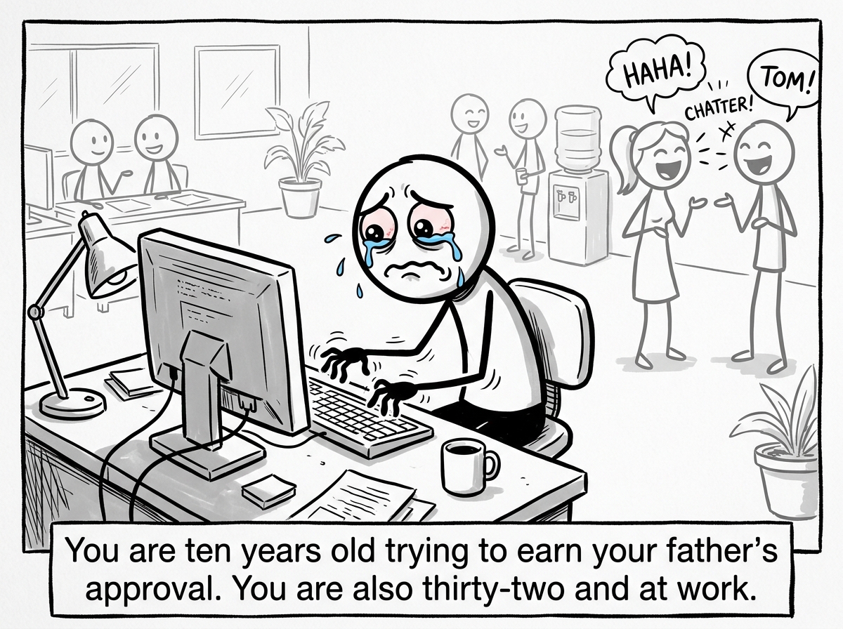The stick figure at their desk fighting back tears, typing furiously with trembling hands, while coworkers chat casually in the background