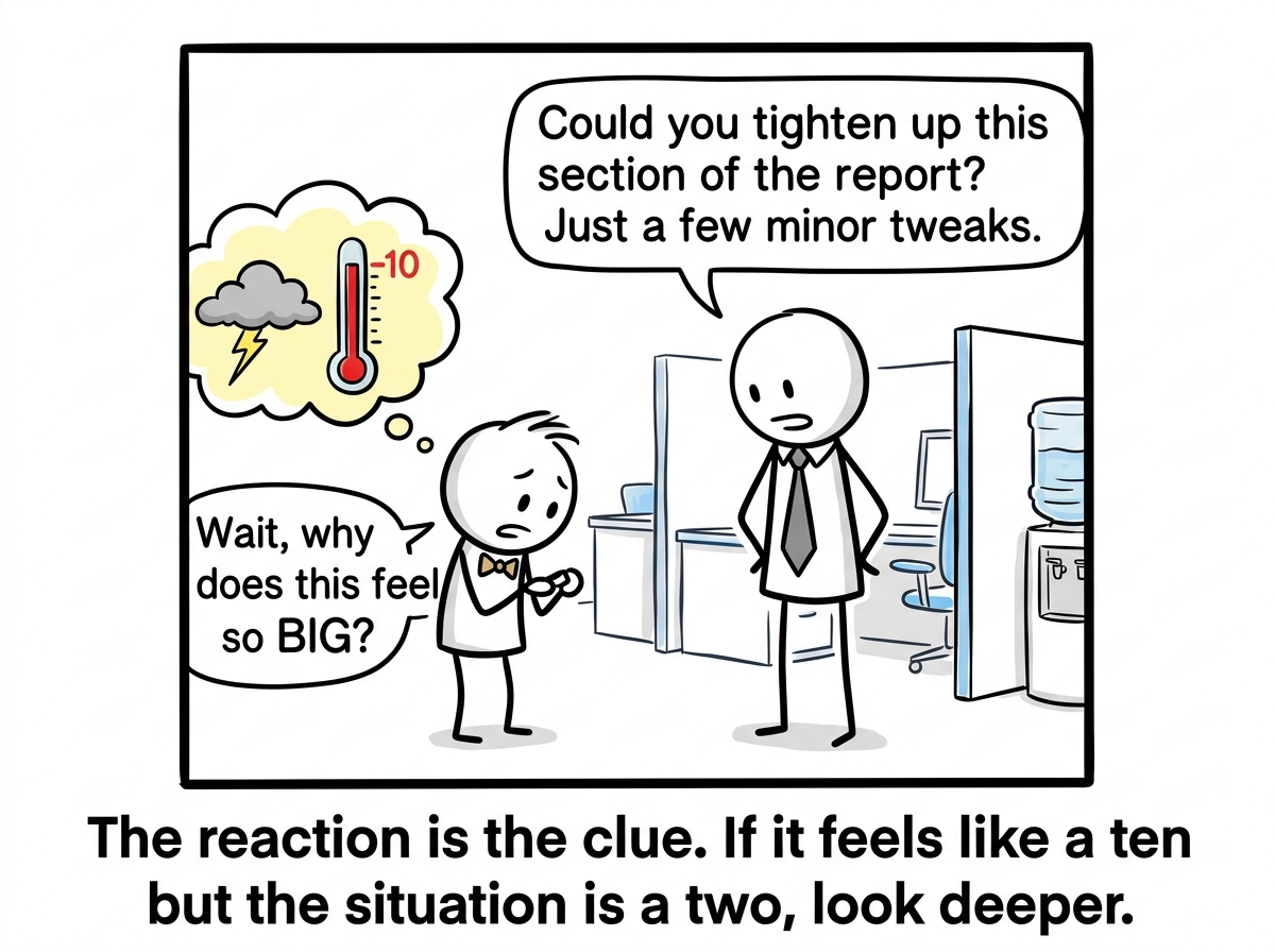 A stick figure receiving mild feedback from their boss and noticing the enormous emotional reaction rising, pausing to ask 'Why does this feel so big?'