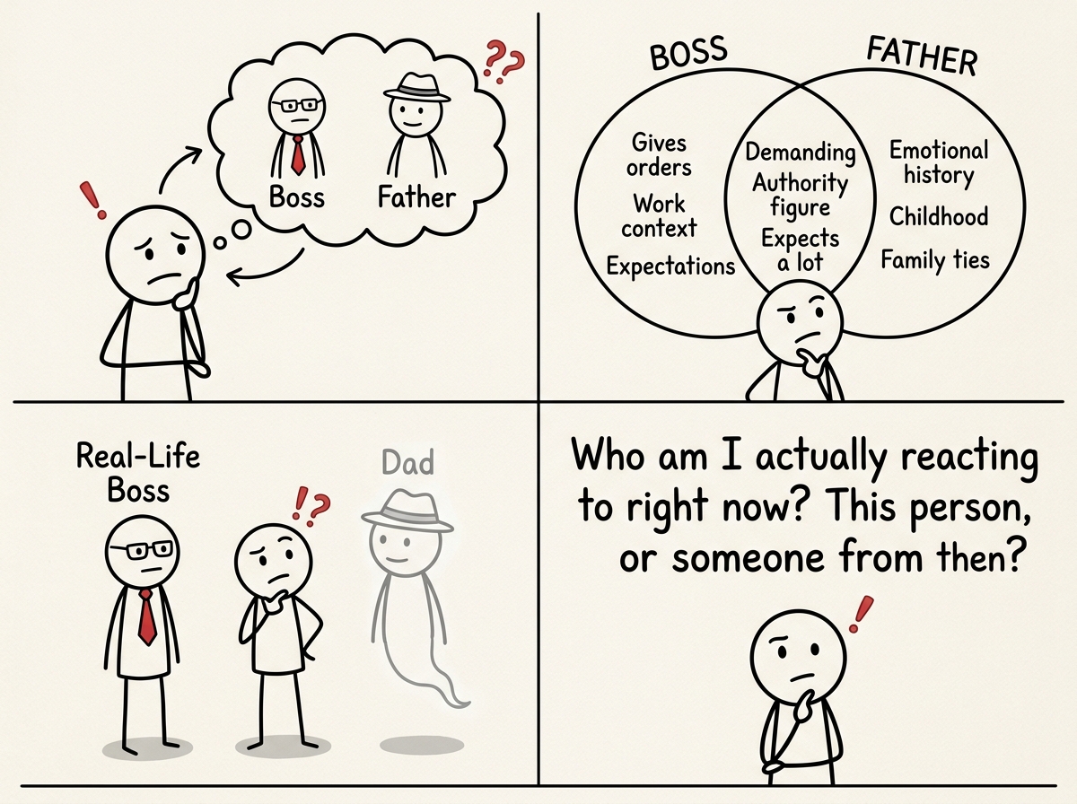 The stick figure mentally placing their boss and their father side by side, seeing the overlap and the differences