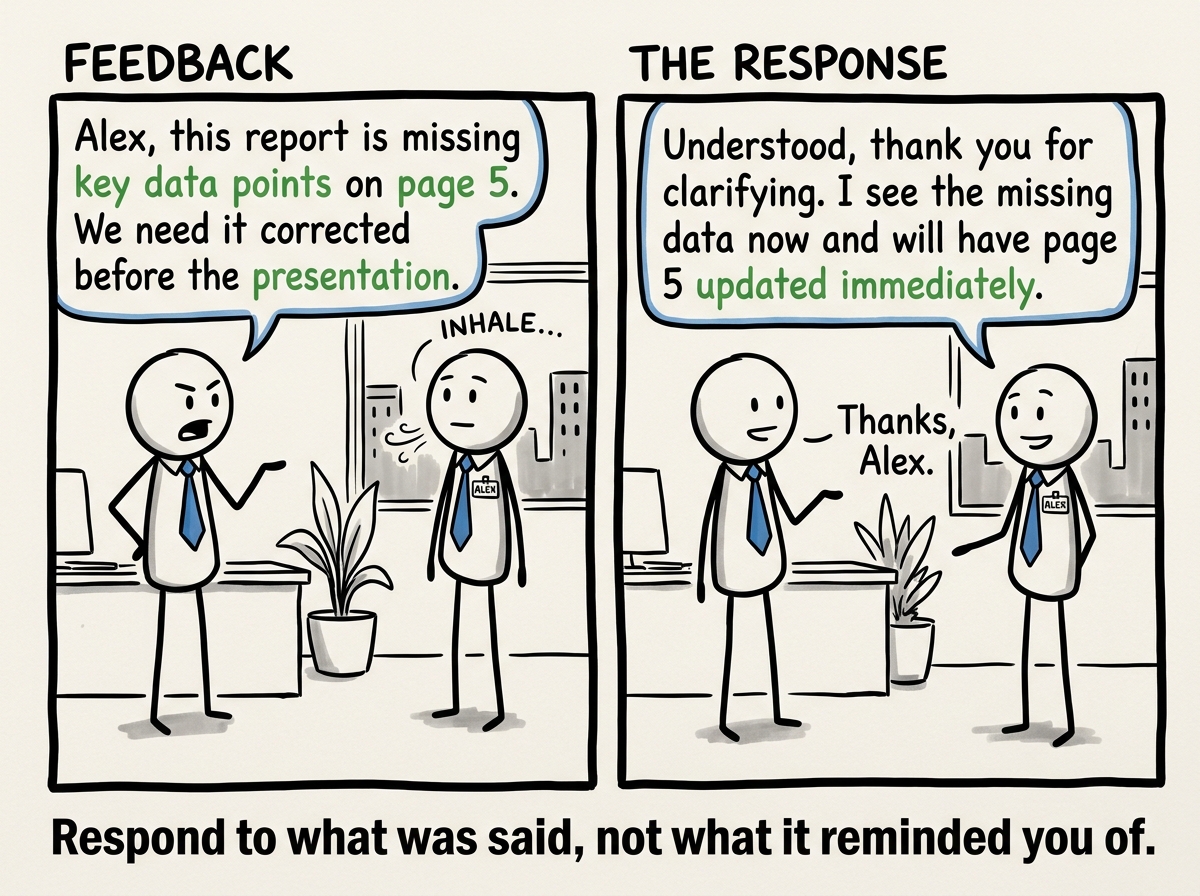 The stick figure taking a breath and responding to the actual feedback -- calmly, as a competent adult -- instead of reacting as the wounded child