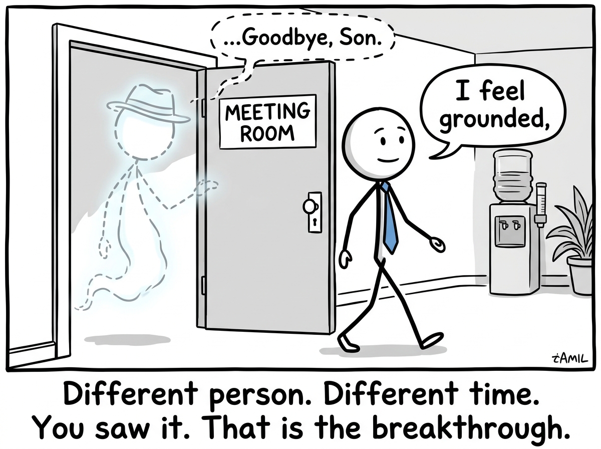 The stick figure leaving the meeting feeling grounded, the father's ghost fading, having separated then from now