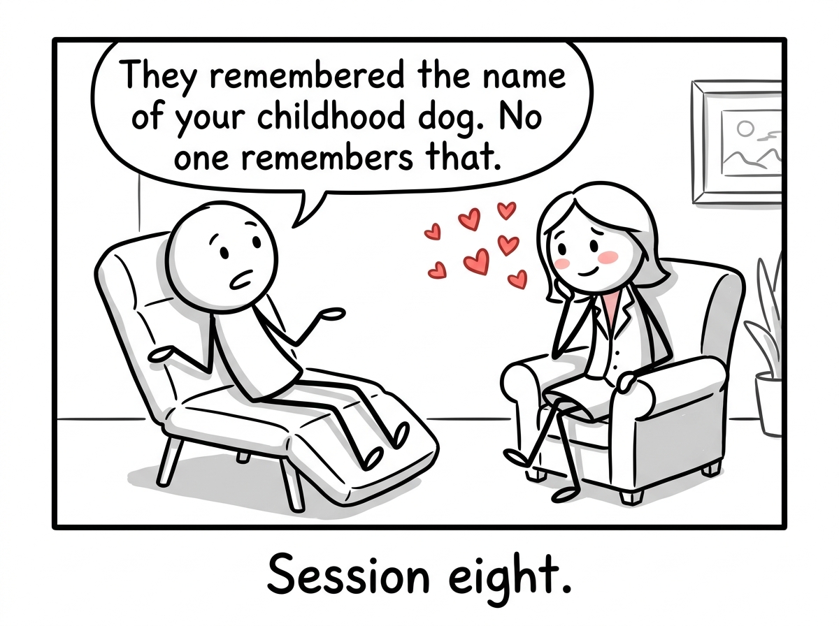 A stick figure sitting in a therapy chair being listened to attentively by a therapist with a warm expression, small hearts floating in the air