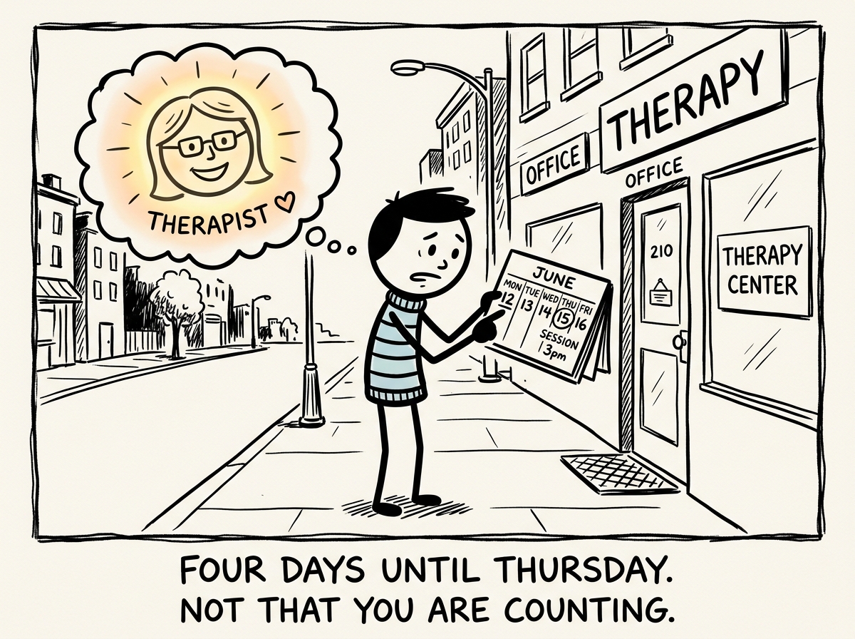 The stick figure outside of therapy, checking their calendar to count the days until their next session, with a thought bubble of the therapist's face glowing