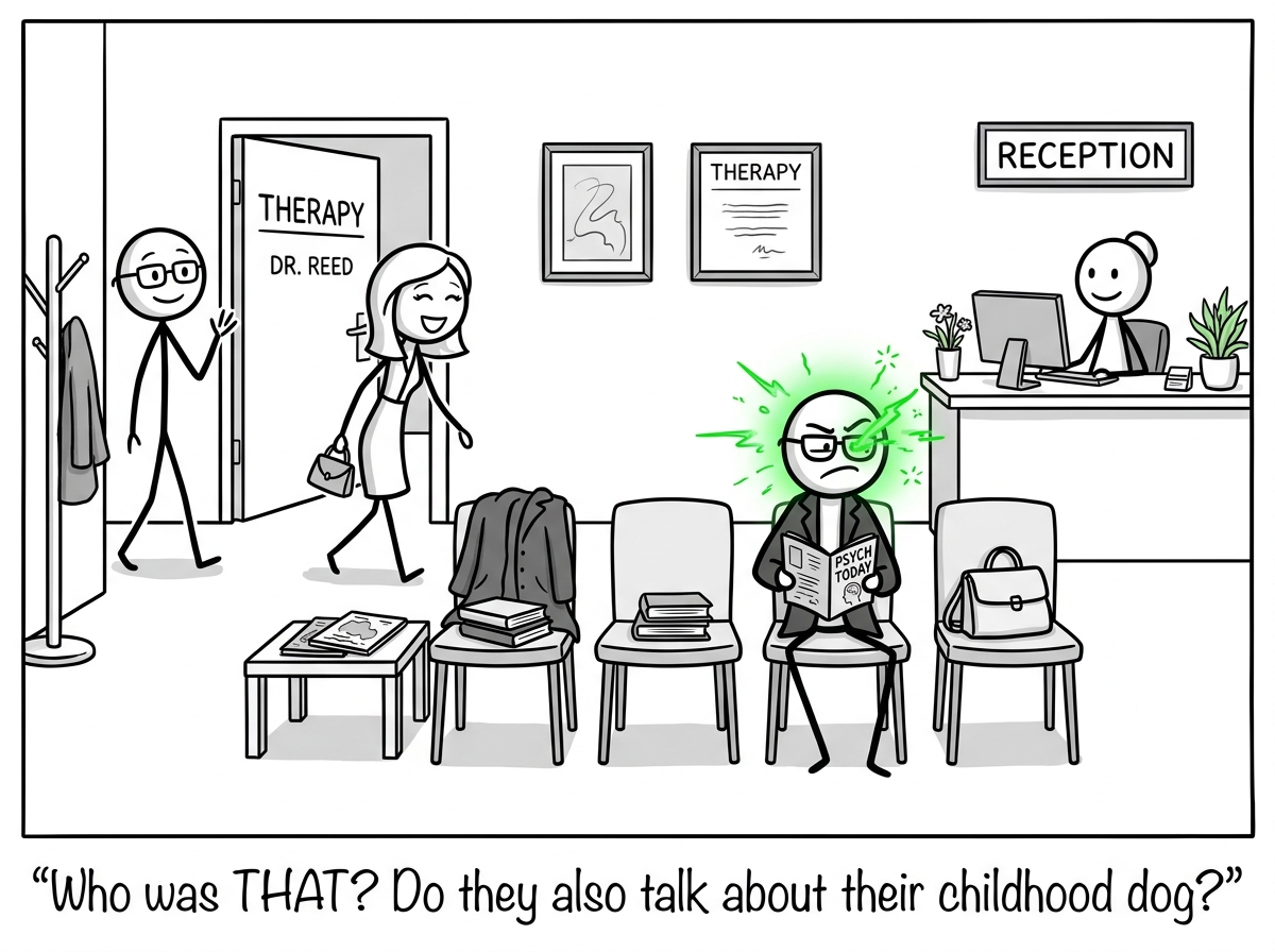 The stick figure in the therapy waiting room, seeing another client leave before them, feeling a visible pang of jealousy shown as a green flash