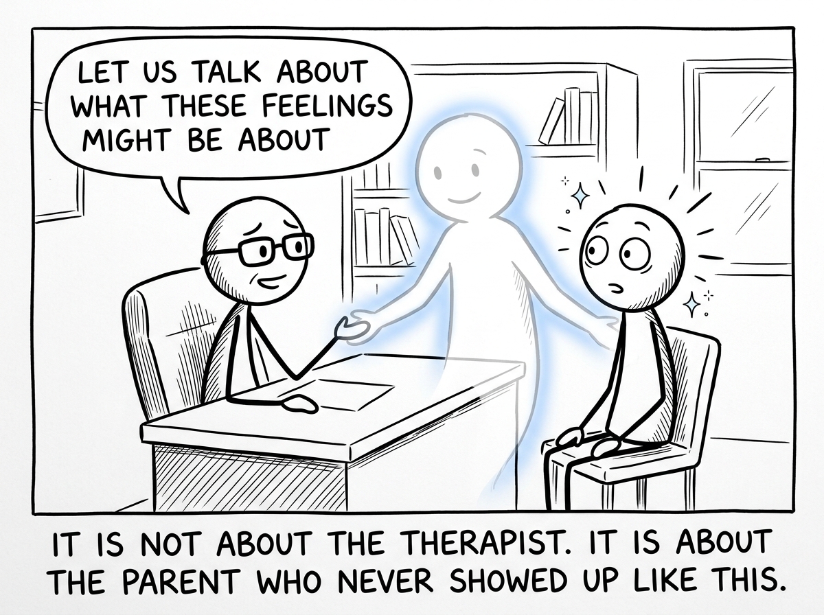 The therapist gently saying 'Let us talk about what these feelings might be about' while the stick figure realizes a ghostly parent figure overlapping with the therapist