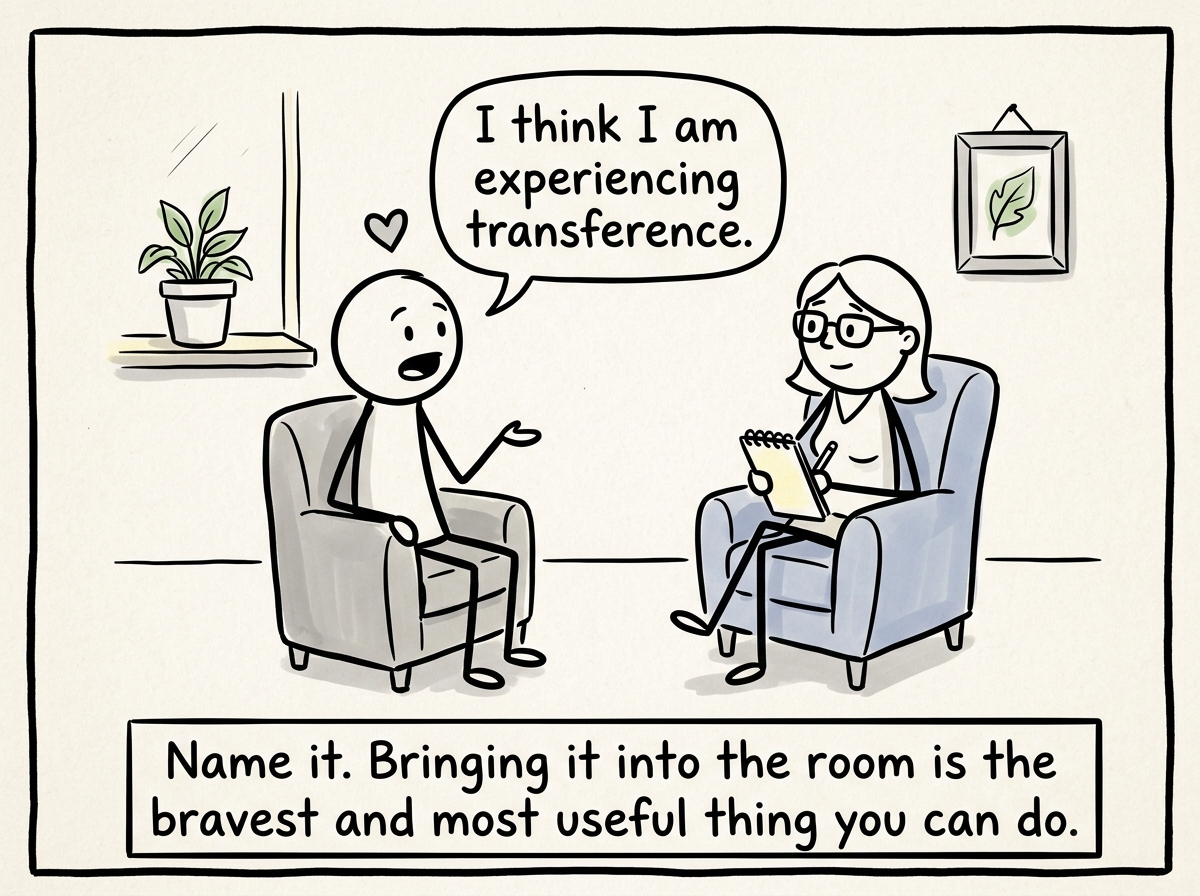 A stick figure in therapy noticing their intense attachment to the therapist and naming it honestly: 'I think I am experiencing transference'