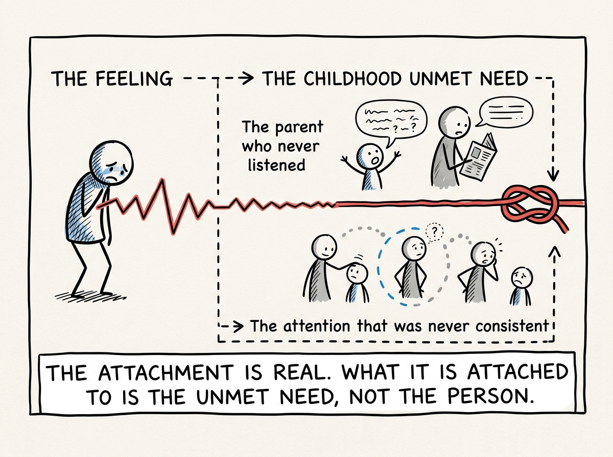 The stick figure connecting the feeling to a childhood need -- the parent who never listened, the attention that was never consistent