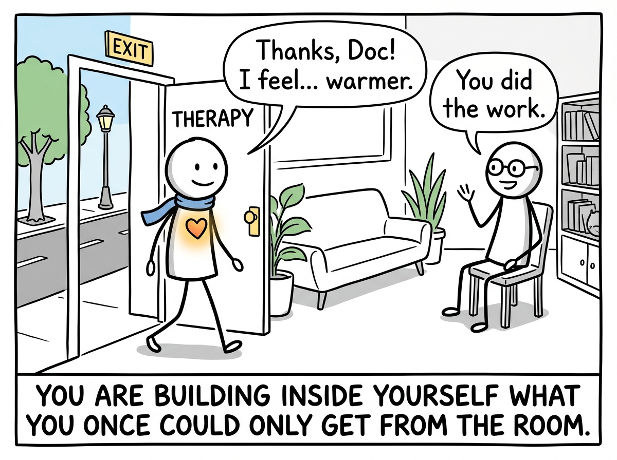 The stick figure leaving therapy with new understanding, the therapist's warmth internalized rather than desperately needed from outside
