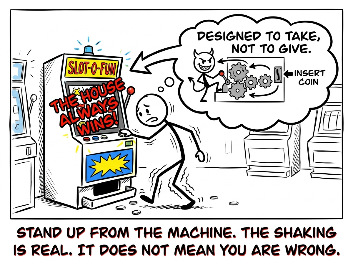 A stick figure standing up from the slot machine, legs shaky, recognizing that the machine was designed to keep them playing, not to pay out