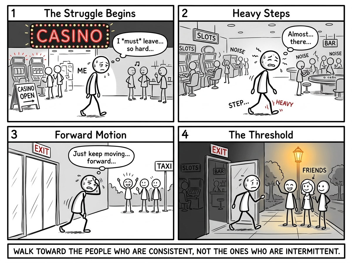 The stick figure walking toward the exit of the casino, friends waiting outside, each step harder than the last but still forward