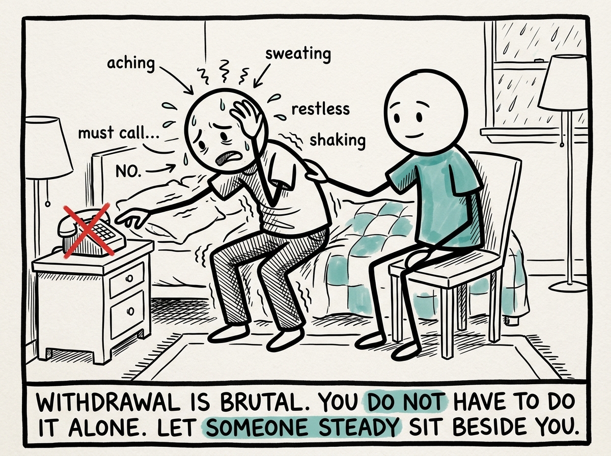 The stick figure in withdrawal -- aching, restless, reaching for the phone -- but letting a support person sit with them through it
