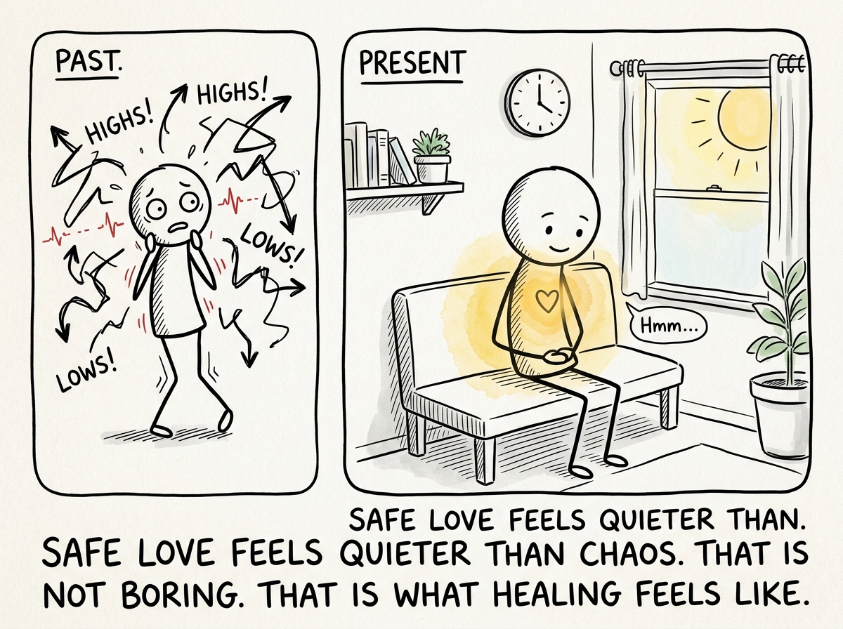 The stick figure months later, in a calm moment, noticing that steady warmth feels different from the highs and lows -- quieter, but real