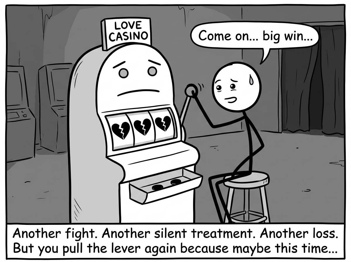 A stick figure sitting at a slot machine that is shaped like their partner's face, pulling the lever with a hopeful expression, while the display shows three broken hearts -- another loss