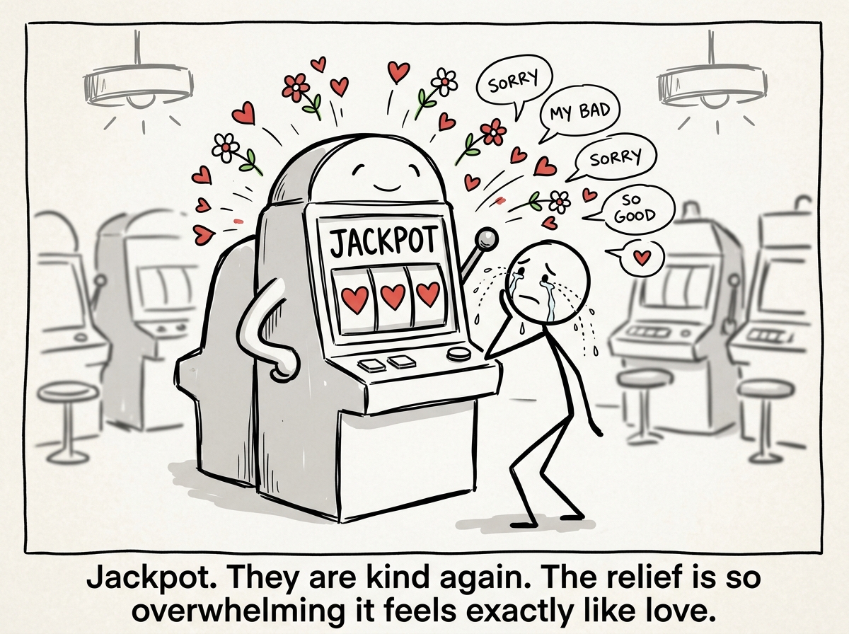 The slot machine displaying three hearts -- JACKPOT -- with the partner-shaped machine suddenly showering the stick figure with affection, flowers, and apologies, the figure crying with relief
