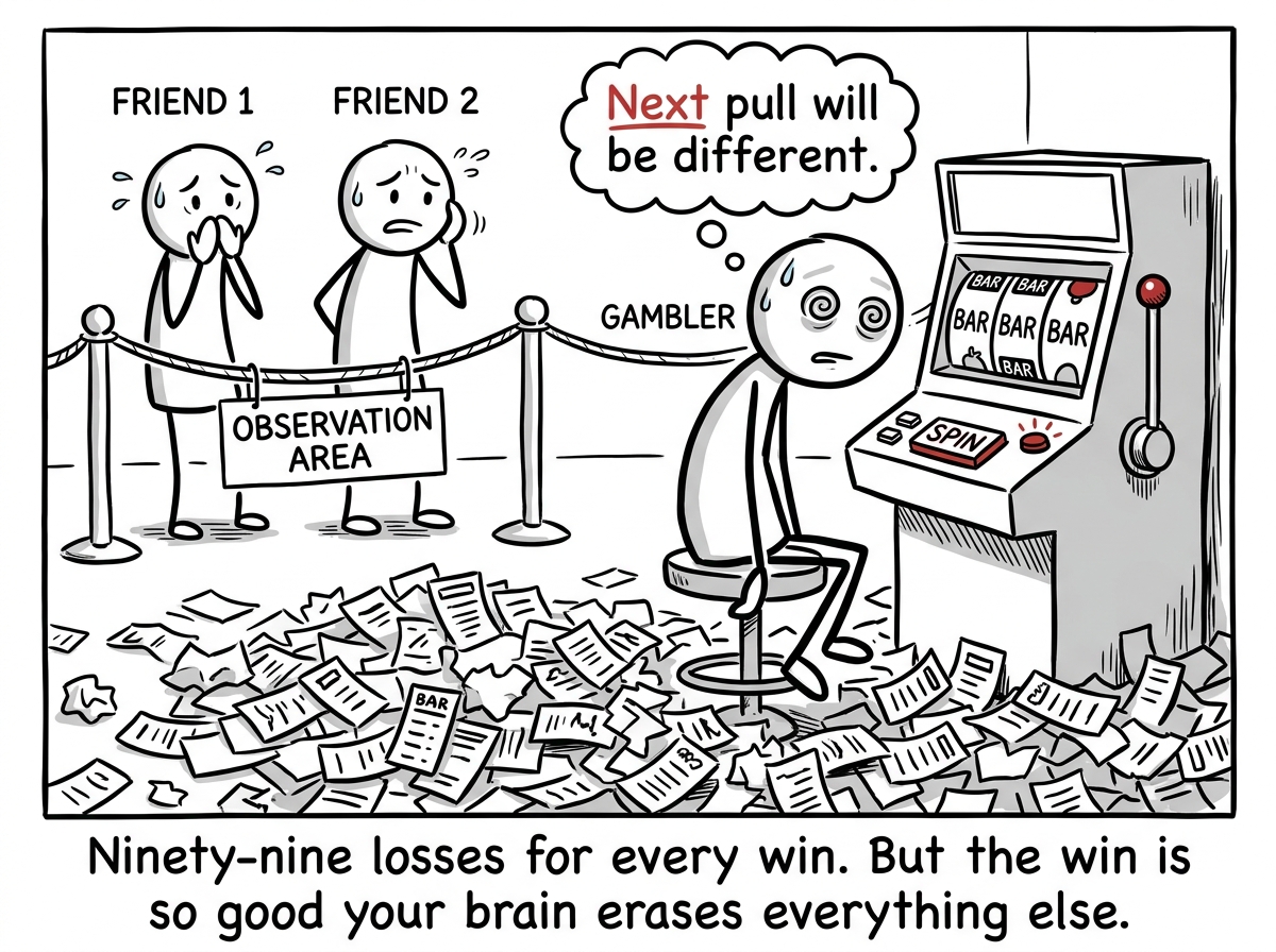 The stick figure surrounded by a massive pile of losing tickets on the floor, but still sitting at the machine, eyes glazed, thought bubble reading 'Next pull will be different,' while their friends watch from behind a barrier looking worried