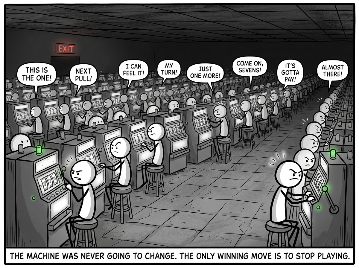 A wide shot showing rows and rows of identical slot machines in a dark casino, each one occupied by a different stick figure, all pulling levers, all convinced their machine is about to pay out -- with an exit sign glowing faintly in the distance