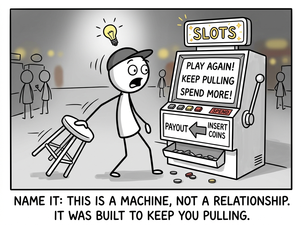 A stick figure standing up from the slot machine, pushing back the stool, seeing the machine clearly for what it is: a device designed to keep you playing