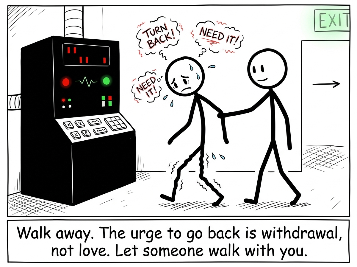 The stick figure walking away from the machine, legs wobbly, the urge to turn back screaming, but a support person walking beside them toward the exit