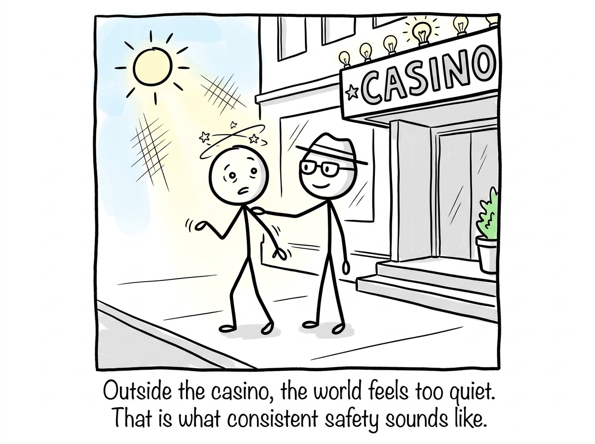 The stick figure outside the casino, blinking in sunlight, disoriented but free, the steady presence of a friend or therapist beside them