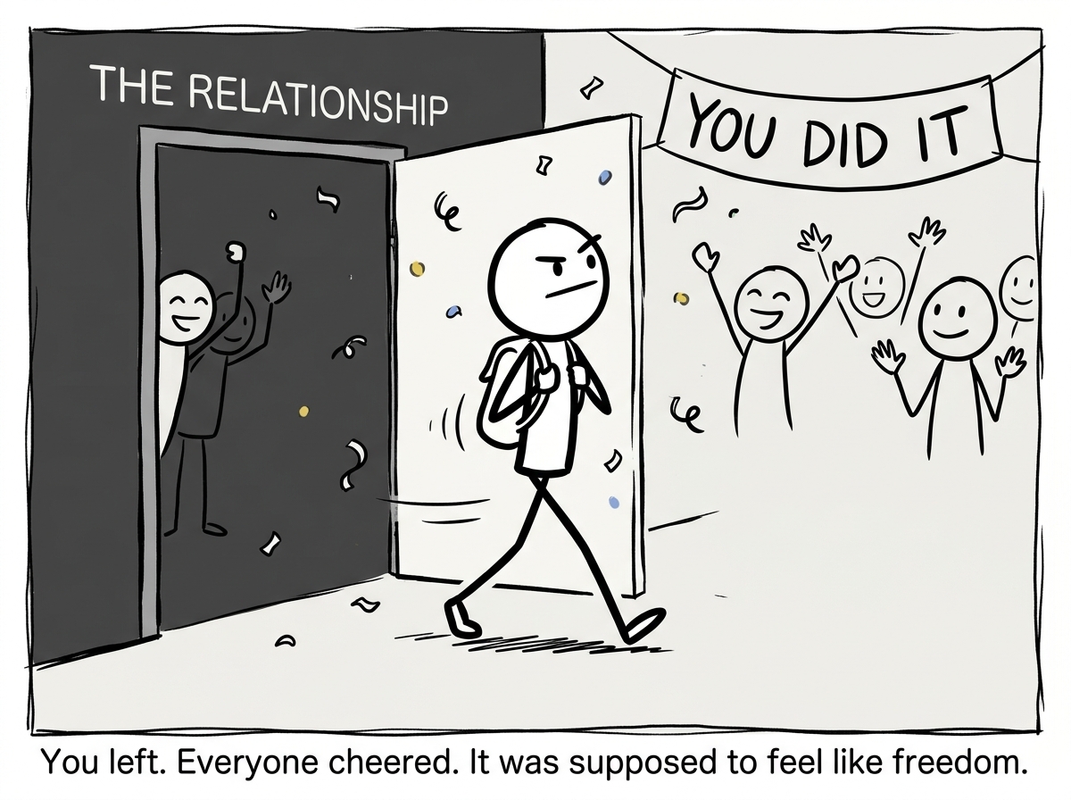 A stick figure walking out a door labeled 'The Relationship,' looking determined, with friends cheering from the other side, confetti, and a banner reading 'YOU DID IT'