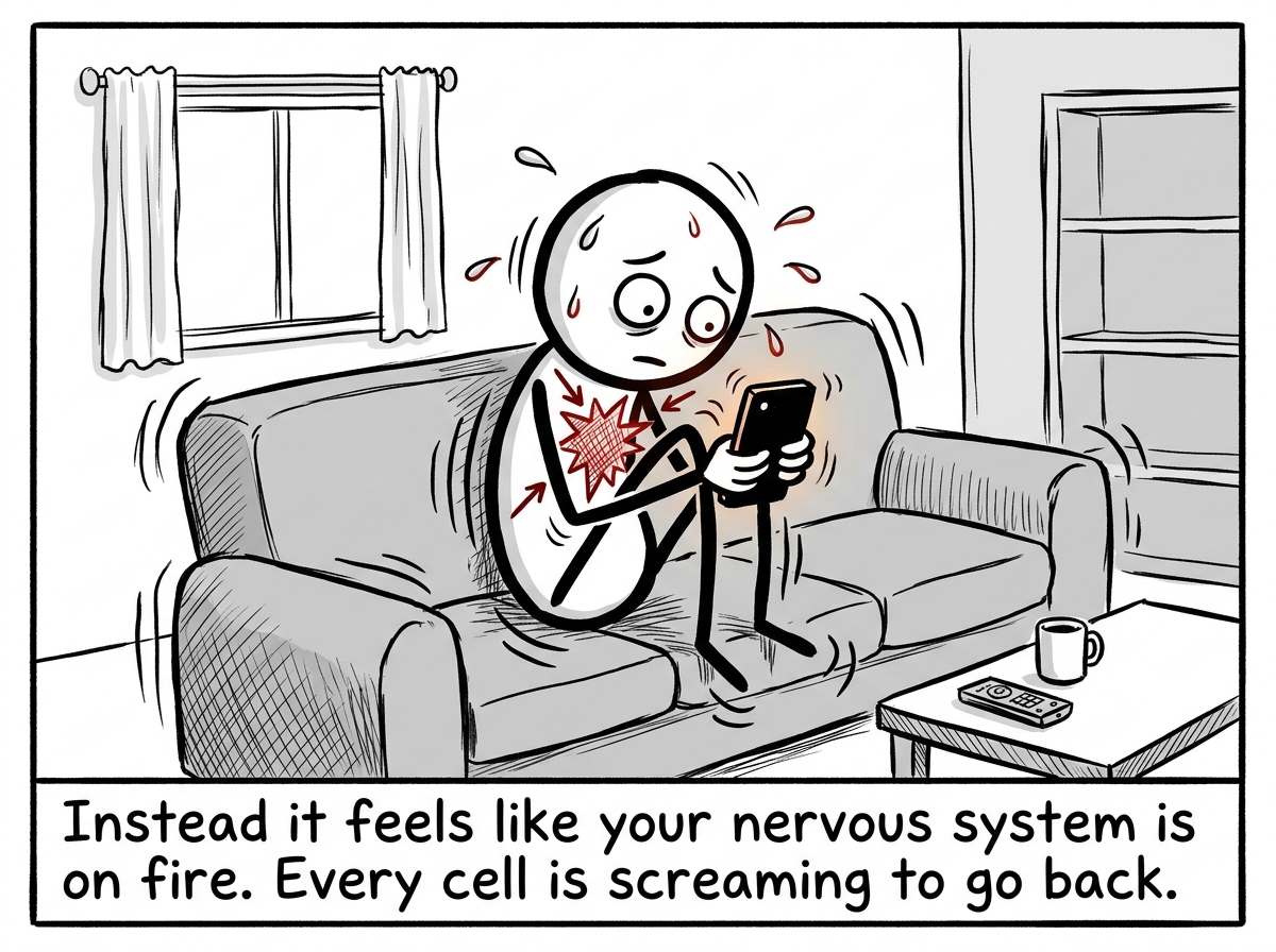 The stick figure at home alone, curled up on the couch shaking, clutching their phone, eyes wide, with physical withdrawal symptoms drawn around them -- trembling lines, sweat drops, a visible ache in their chest
