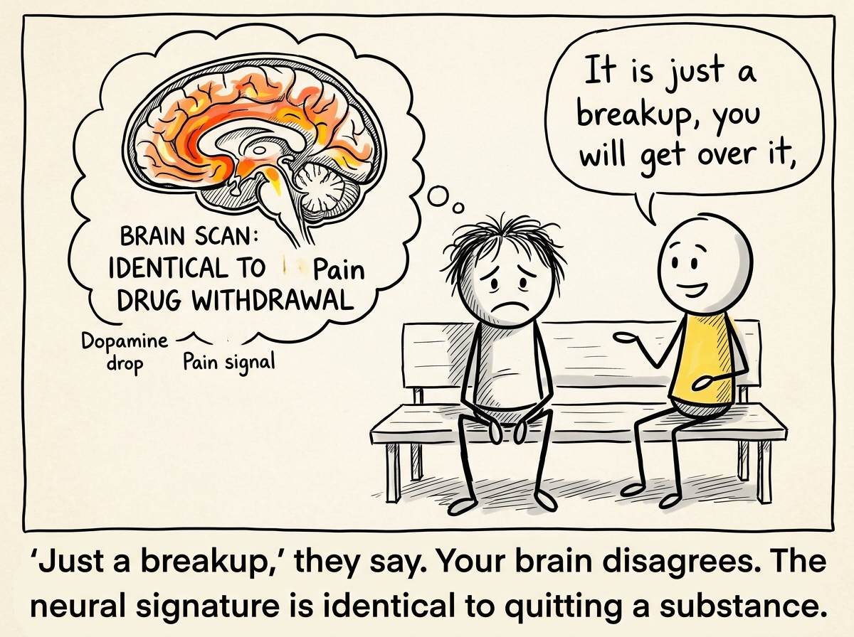 A friend sitting next to the stick figure saying 'It is just a breakup, you will get over it,' while a brain scan thought bubble shows the exact same neural patterns as drug withdrawal