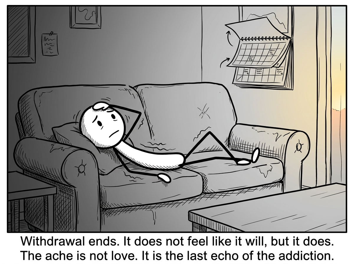The stick figure still on the couch but the shaking has lessened slightly, a calendar on the wall showing days passing, with a faint warm light beginning to appear at the edges of the scene