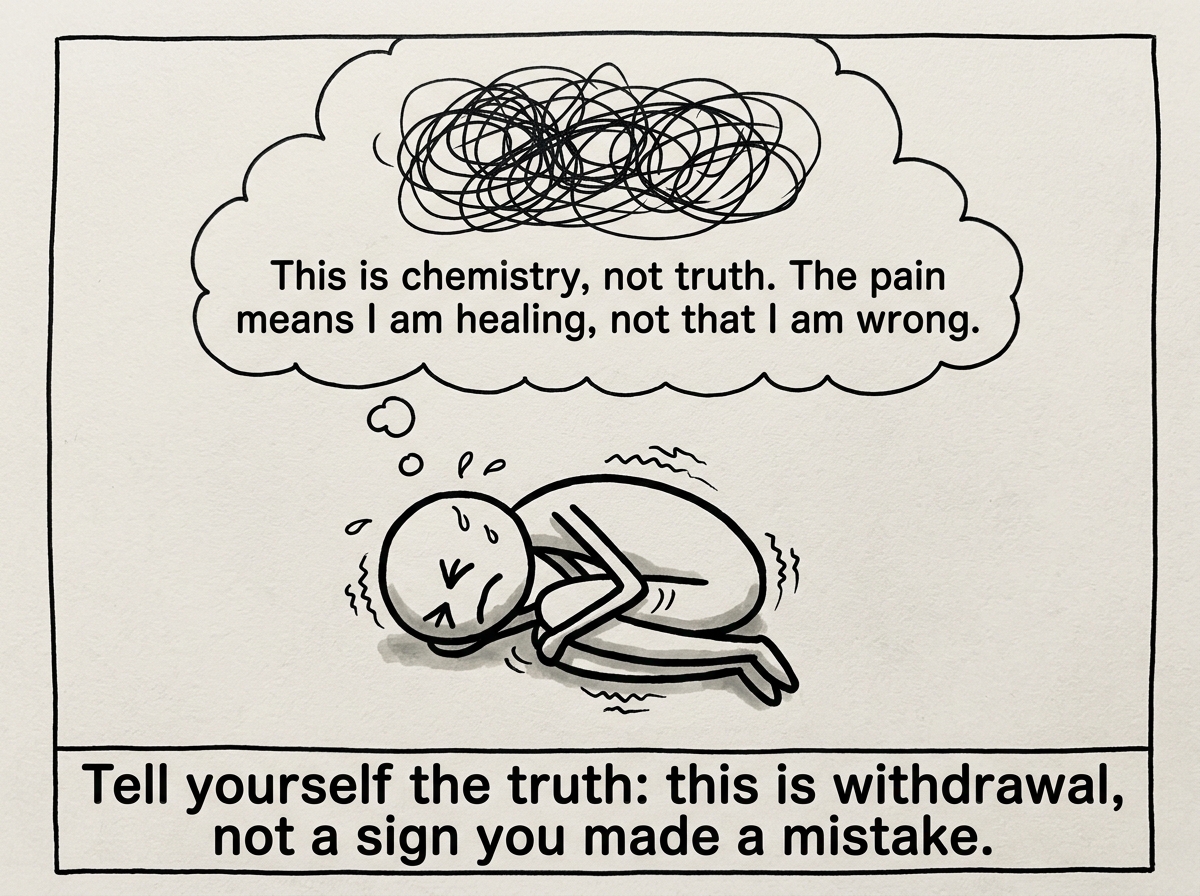 A stick figure in the worst of the withdrawal, curled up and shaking, but reminding themselves: 'This is chemistry, not truth. The pain means I am healing, not that I am wrong.'