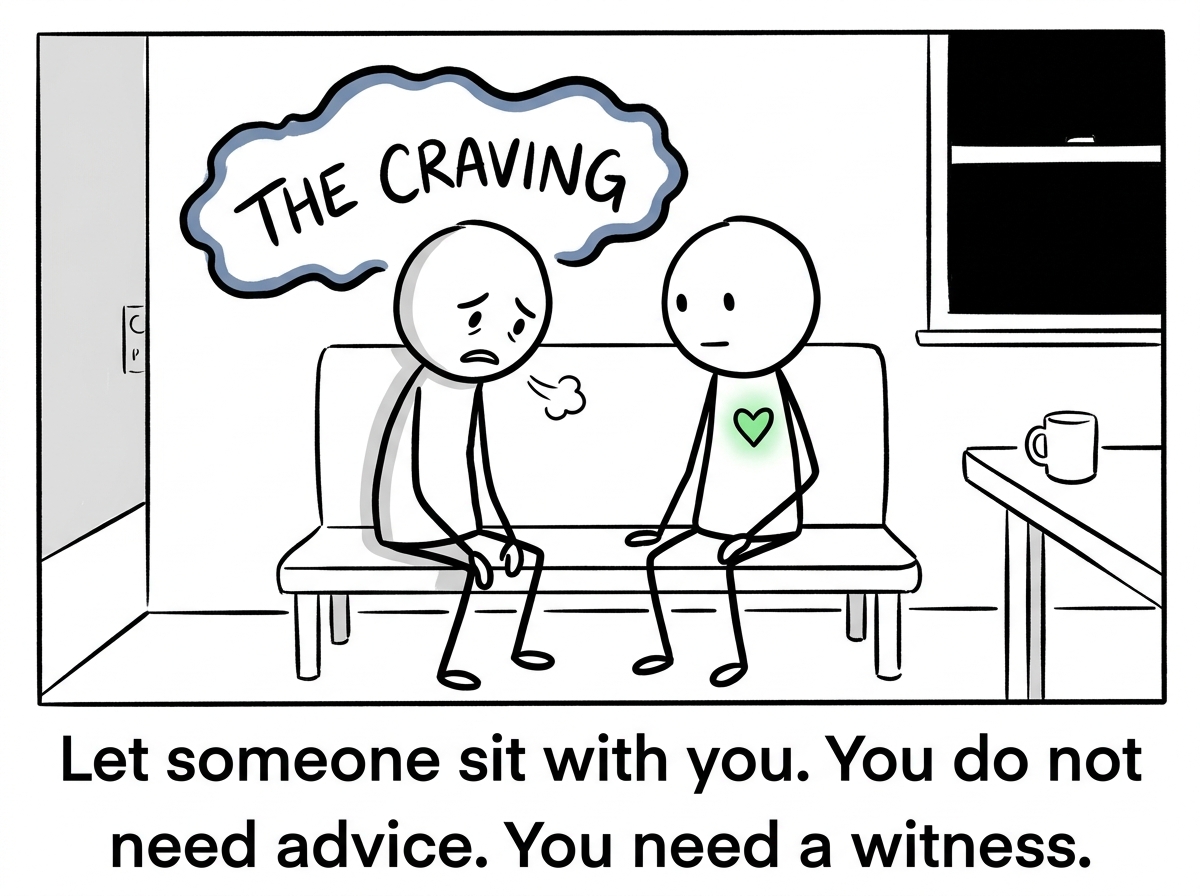 The stick figure letting a safe friend sit with them through the craving, not fixing it, just being present while the wave passes